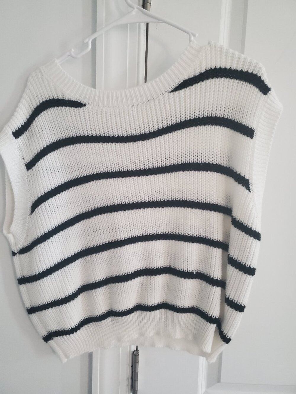 White and Black Striped, Crochet style Sweater Vest